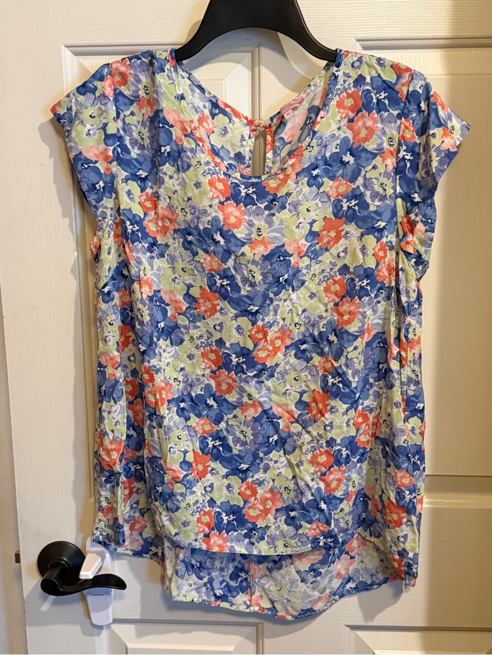 Cap-Sleeve Floral Blouse in Blue, Coral, and Light Green by Rose & rhyme